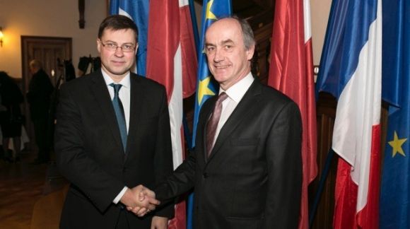 From left to right: Vice-President of the European Commision Valdis Dombrovskis and Latvia's Ambassador to the Council of Europe Rolands Lappuķe. Photo: Permanent Representation of Latvia to the Council of Europe