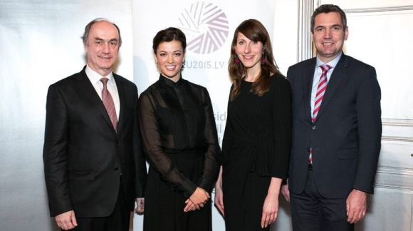 From left to right: Latvia's Ambassador to the Council of Europe Rolands Lappuķe, accordionist Ksenija Sidorova, 3rd secretary of Permanent representation Elīna Borhersa, president of the European Parliamentary Association Herbert Dorfmann. Photo: APE