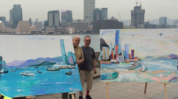 Aleksejs Naumovs and Kristaps Zariņš during the „World Cities. Live Paintings” art project in Hong Kong, 2015